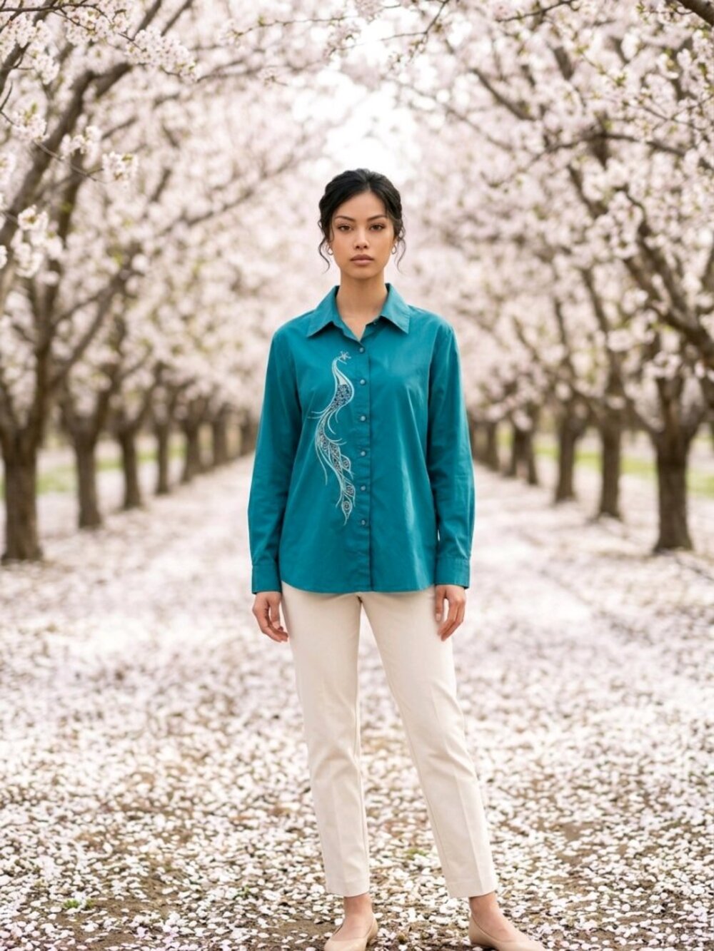 Bob Mackie Aqua Blue Long Sleeve Blouse with Embroidered Peacock